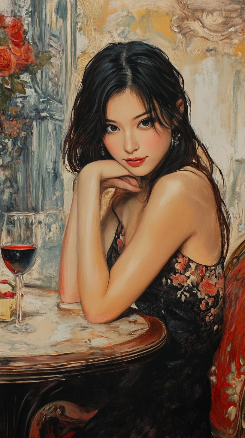 Elegant woman in red gown seated at a cafe table