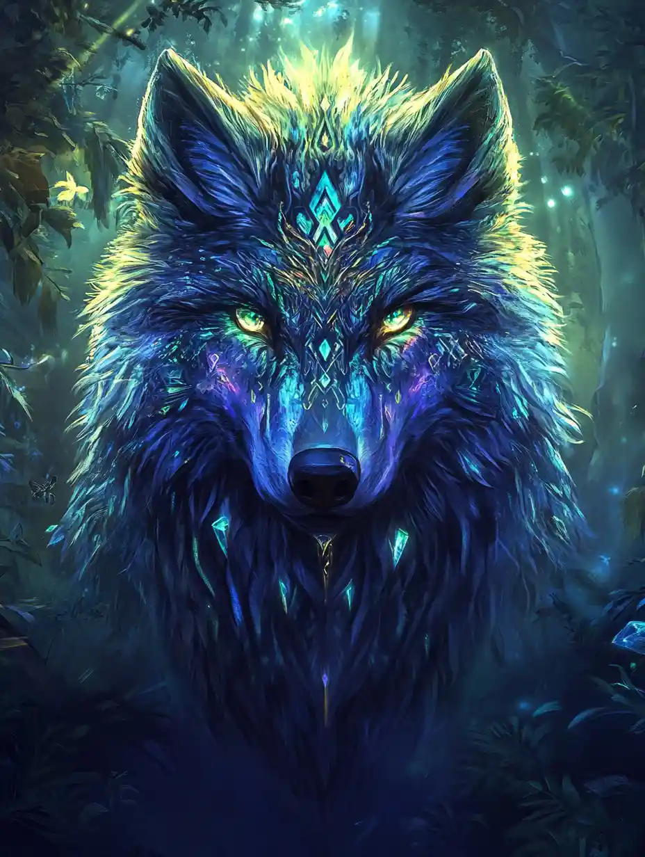 Lobo de cristal con ojos tipo runa en un bosque brumoso al crepúsculo