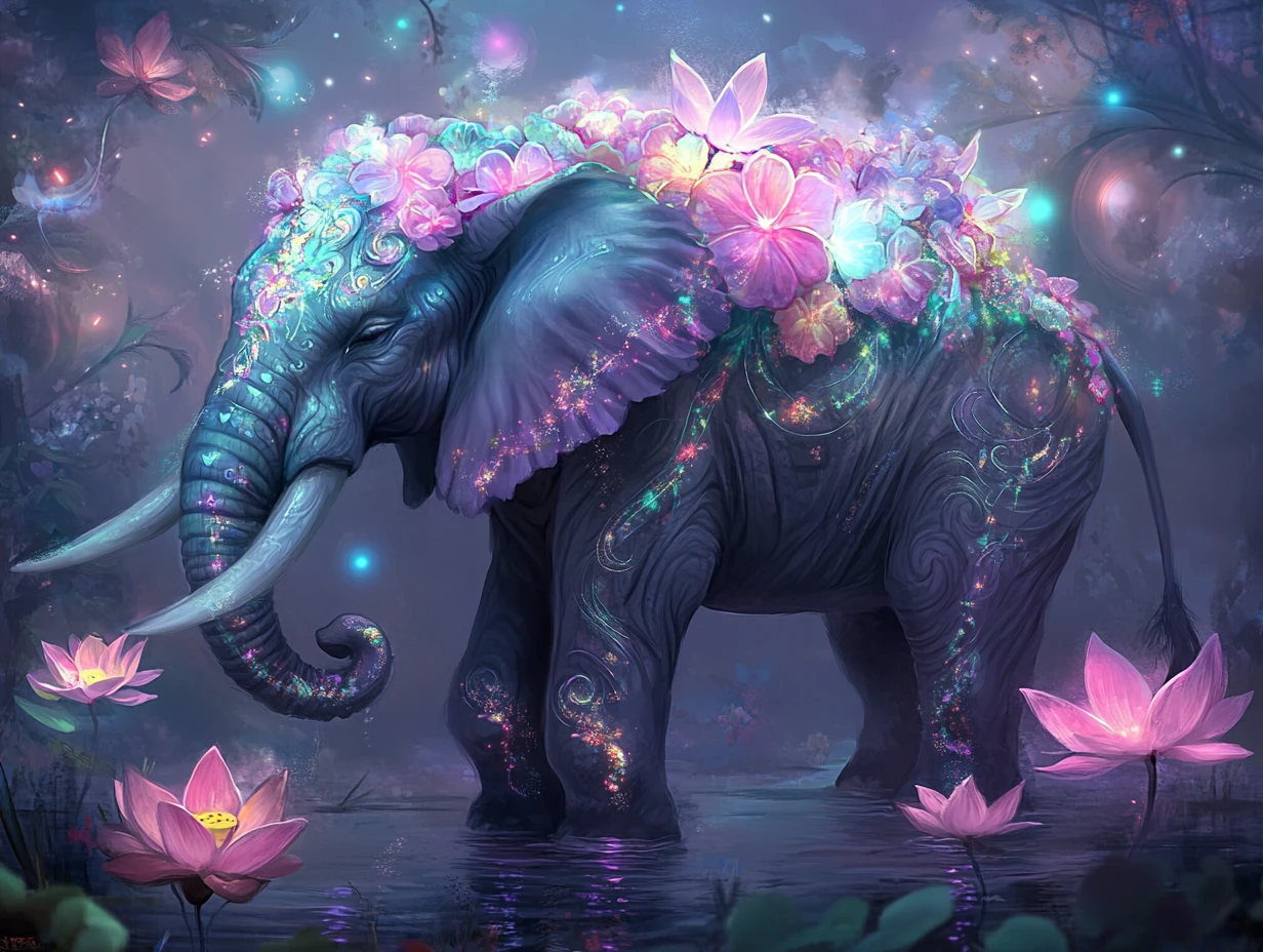 Mystical Elephant With Lotus Flowers In Enchanted Forest