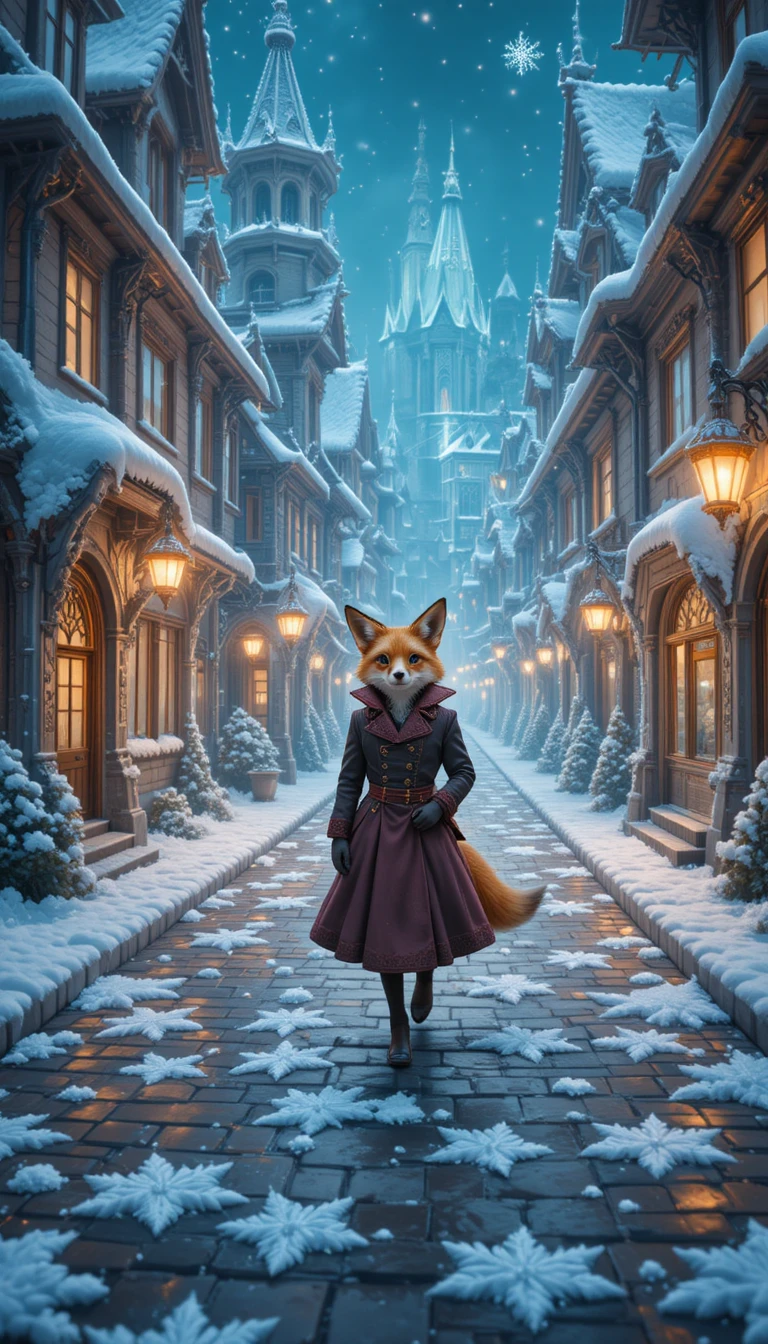 擬人化狐狸走在雪花鵝卵石街道上
