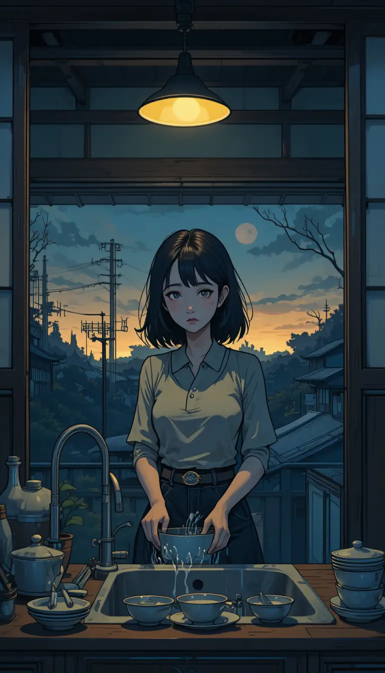 Teenage girl washing dishes in dim japanese kitchen