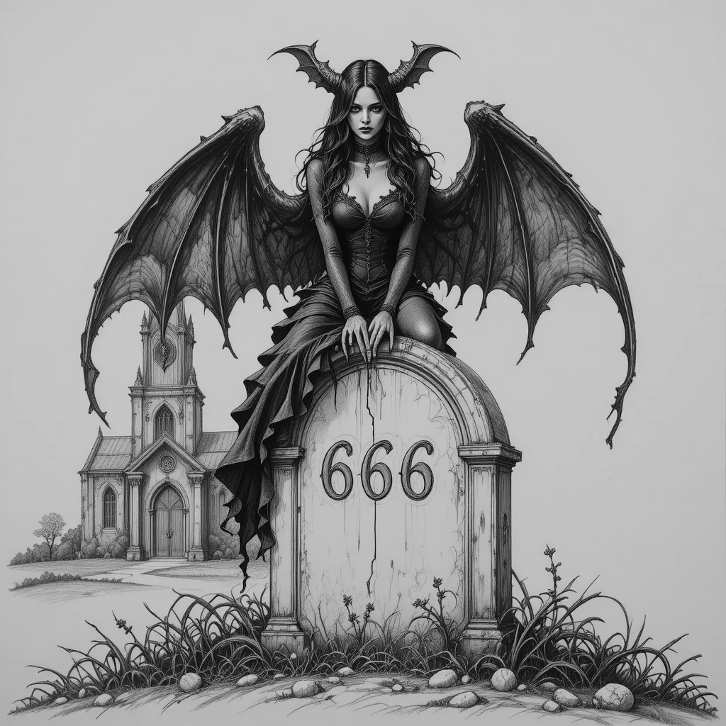 Gothic vampire woman with bat wings on an old grave