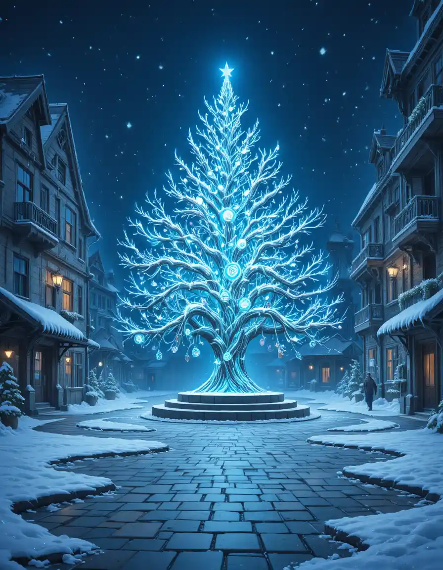 Abandoned magical square with crystal tree and falling snow