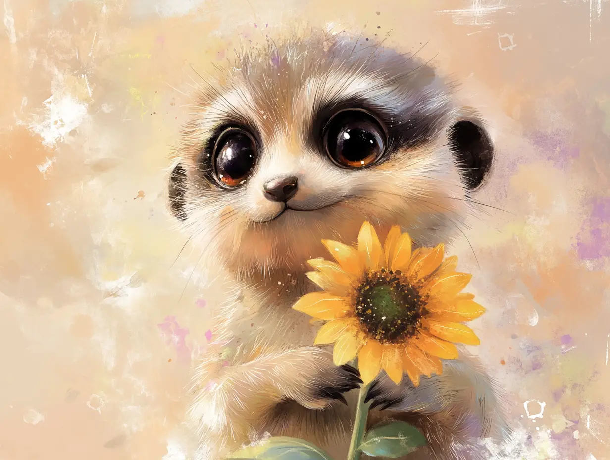 Dolce cucciolo di suricato che tiene un girasole in soffici toni pastello da sogno