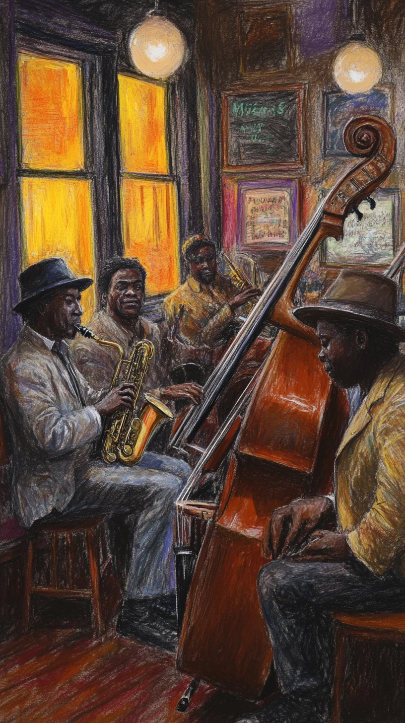 Groupe de jazz vintage jouant dans un club chaleureux et intimiste
