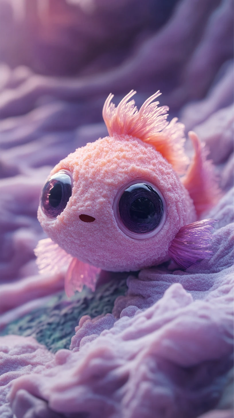 Cute plush fish resting on stylized purple ocean waves