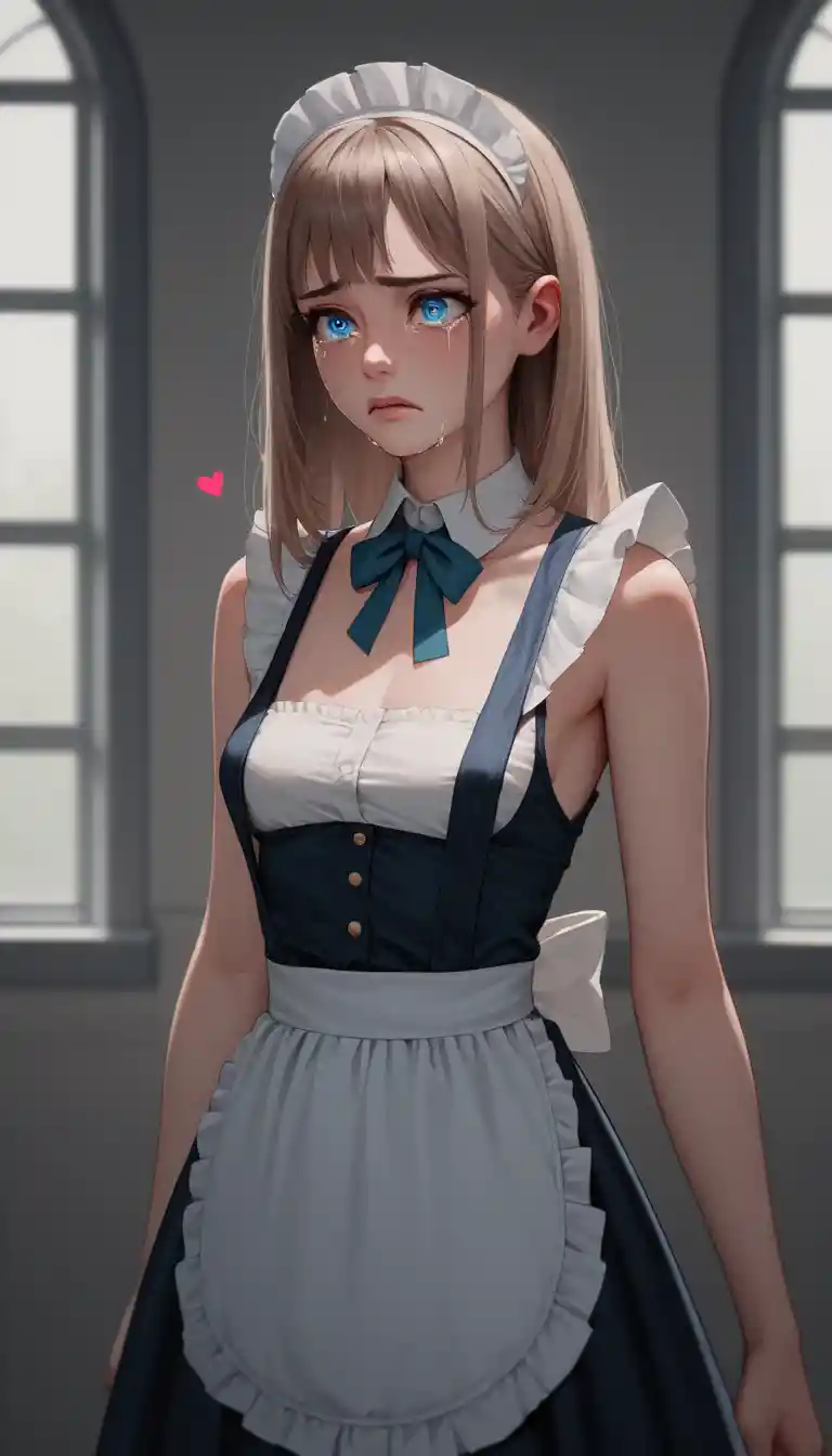 Studentessa delle superiori in stile anime, triste, in abito da maid in aula