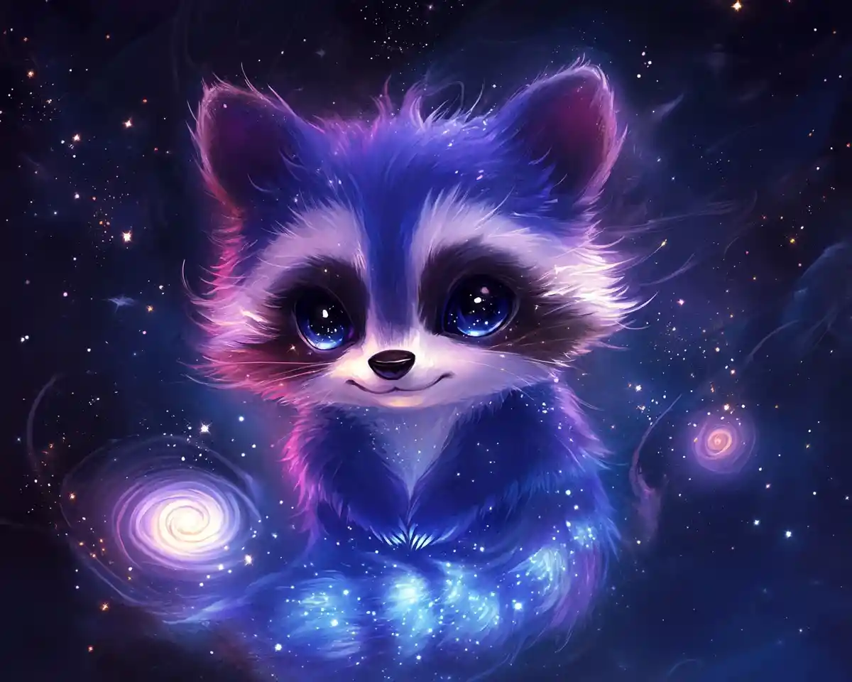 Flauschiger Chibi-Waschbär, der sanft durch den Weltraum treibt