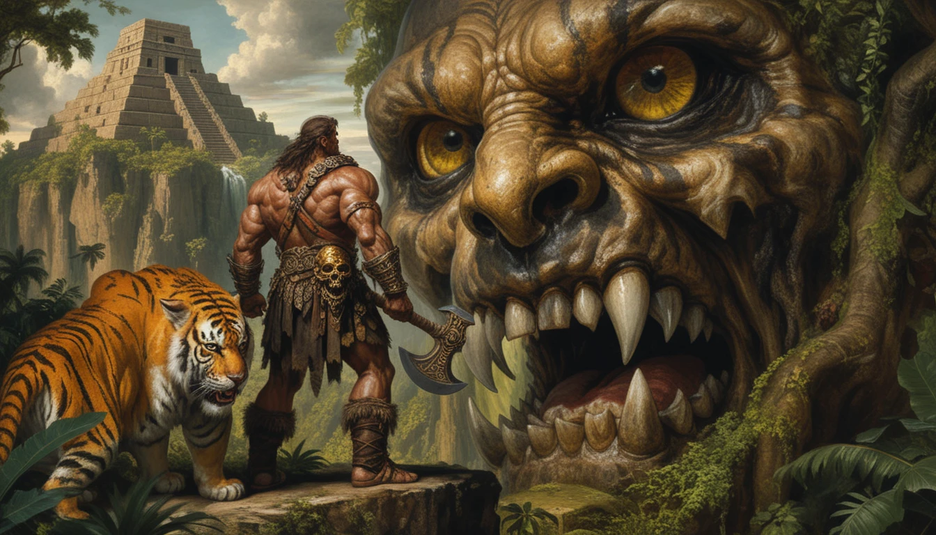 Barbarian Warrior And Armored Tiger On Jungle Cliff