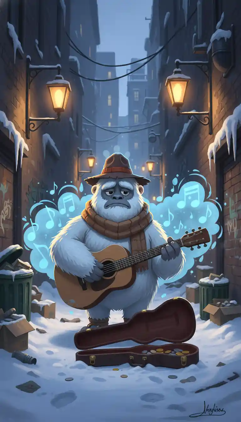Einsamer Yeti-Straßenmusiker spielt Gitarre in einer verschneiten Gasse