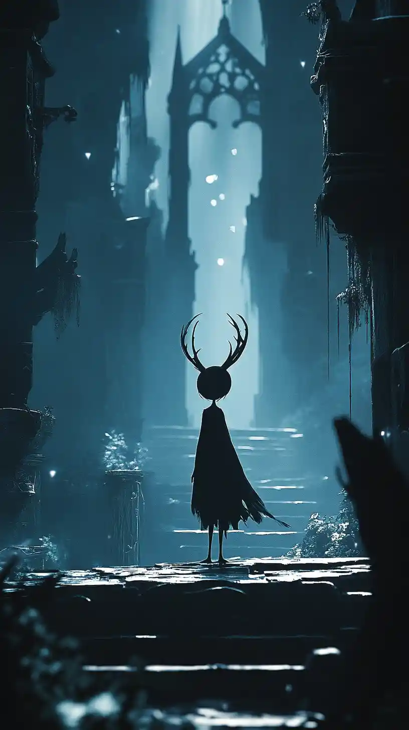 Ragazza d’ombra in una cupa città fantasy dall’atmosfera intensa