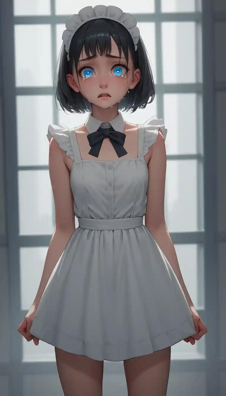 Sad anime schoolgirl in maid tank top in classroom
