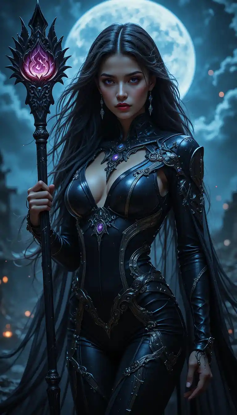 月光風暴中的黑暗女神與黑曜石法杖