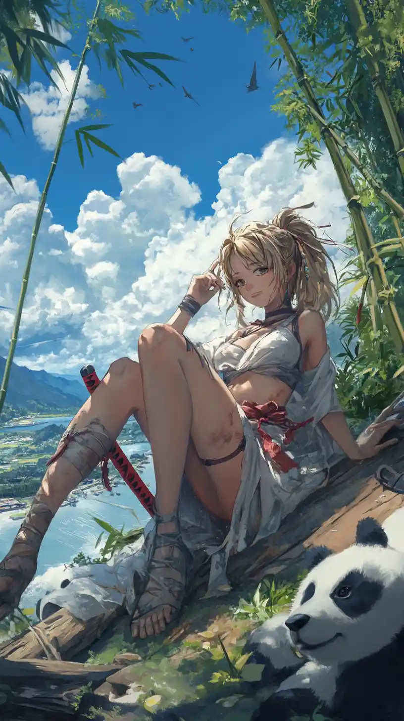 Guerreira de anime relaxando em uma tranquila floresta de bambu