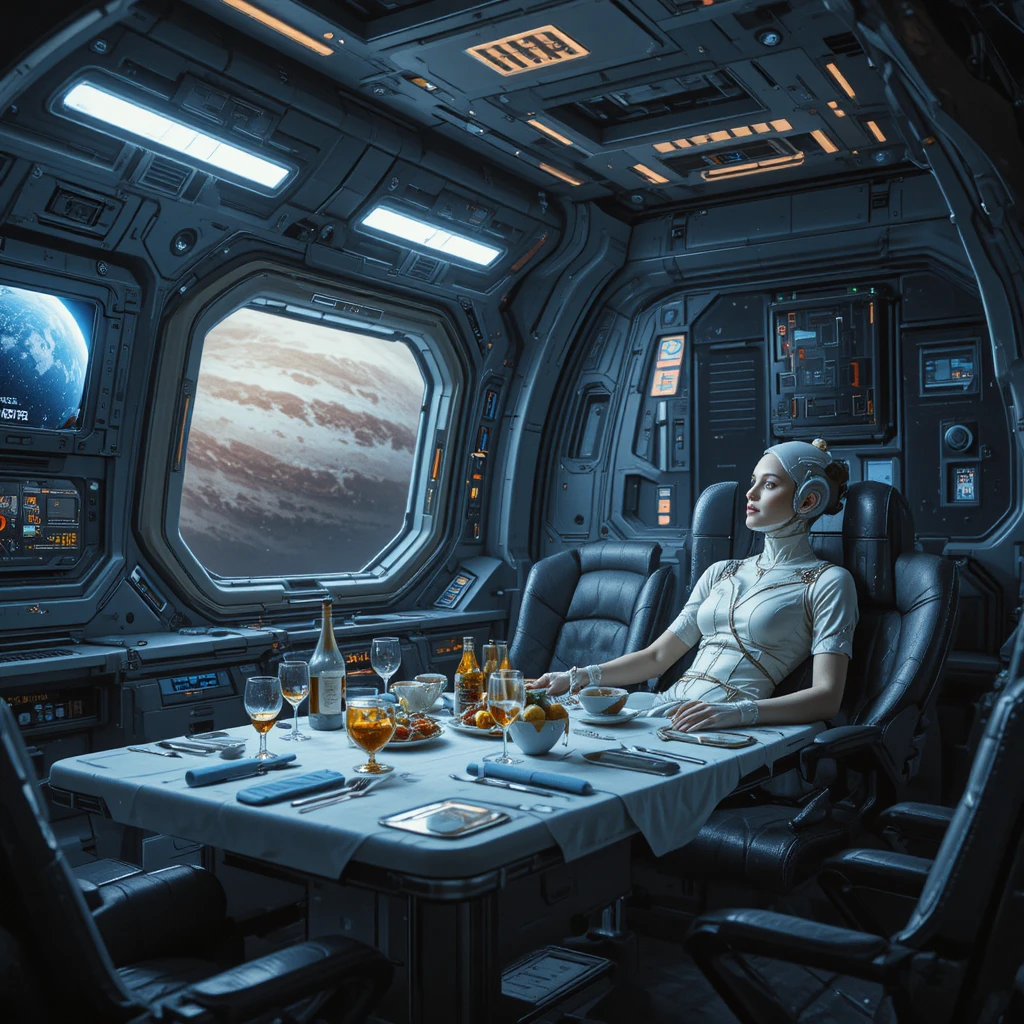 Relax nella mensa di una nave ammiraglia orbitale vicino a Giove