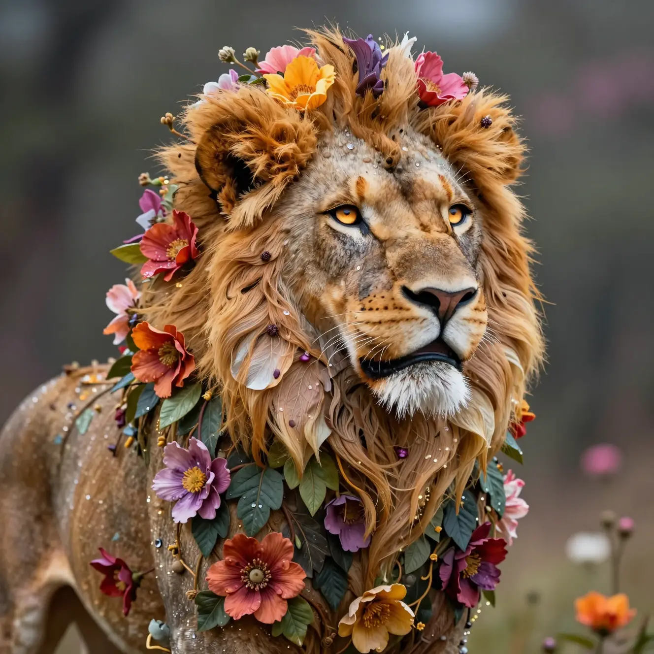 Floral lion made of blossoms with glowing lifelike eyes