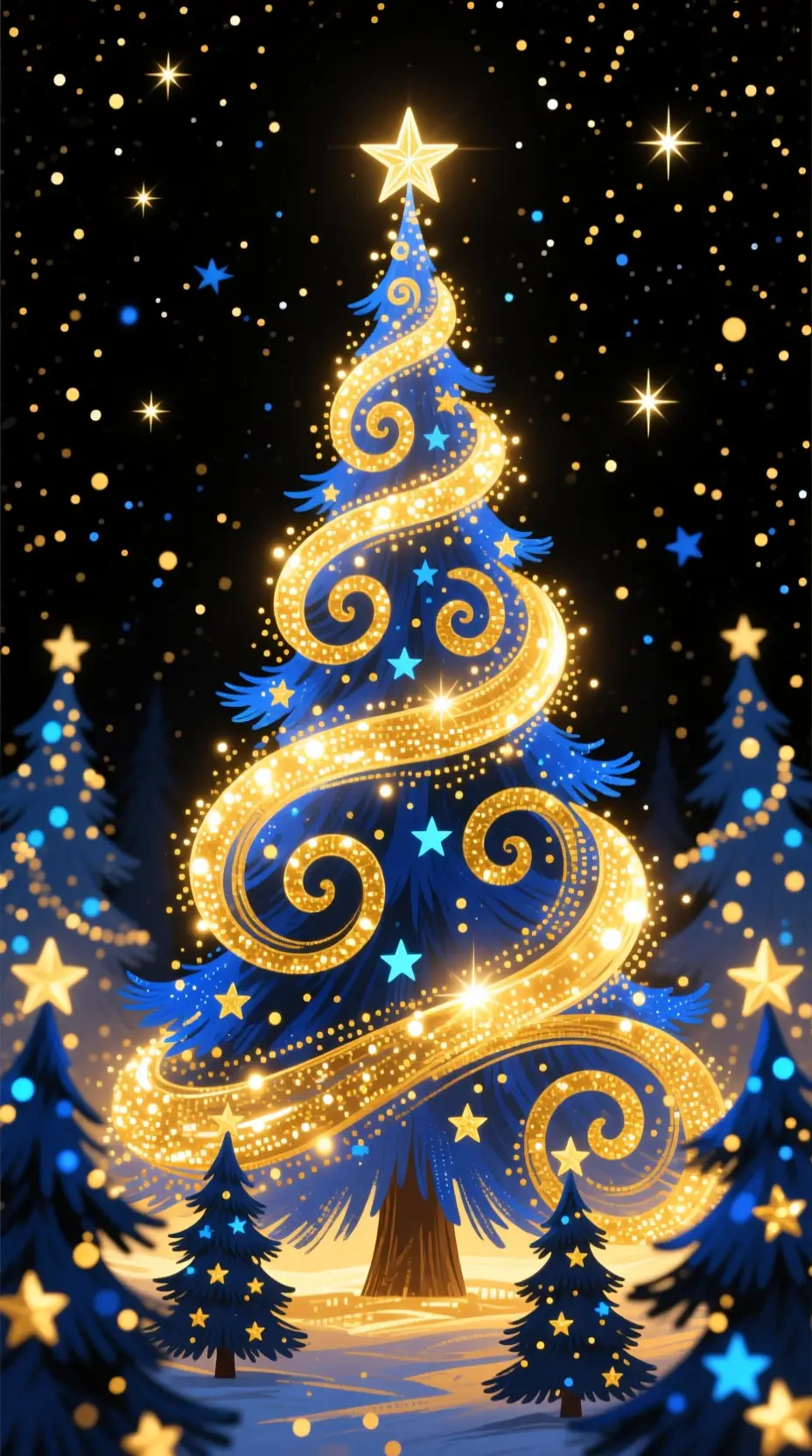 Golden light christmas tree against a dark starry sky