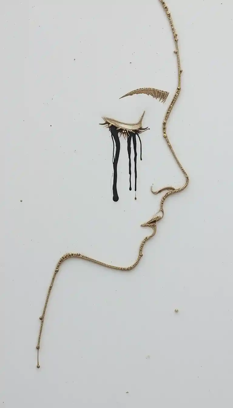Ritratto in silhouette dorata di una donna con lacrime nere