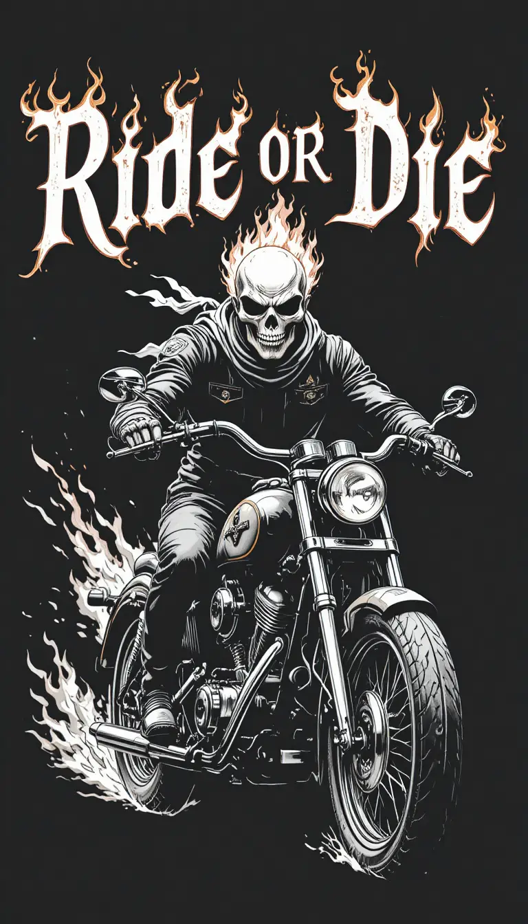 Flaming skull rider on vintage motorcycle in black and white