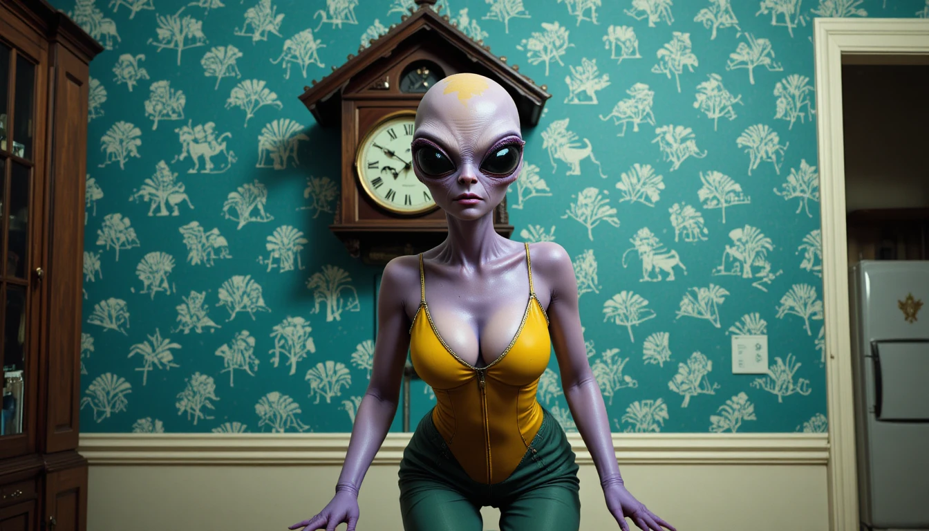 Purple alien woman in yellow jumpsuit before teal cuckoo clock wall
