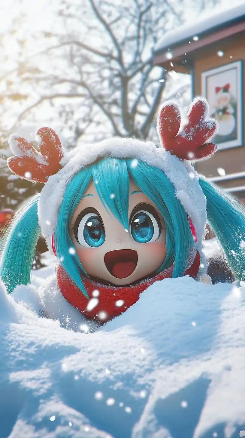 Joyful girl popping up from deep backyard snow