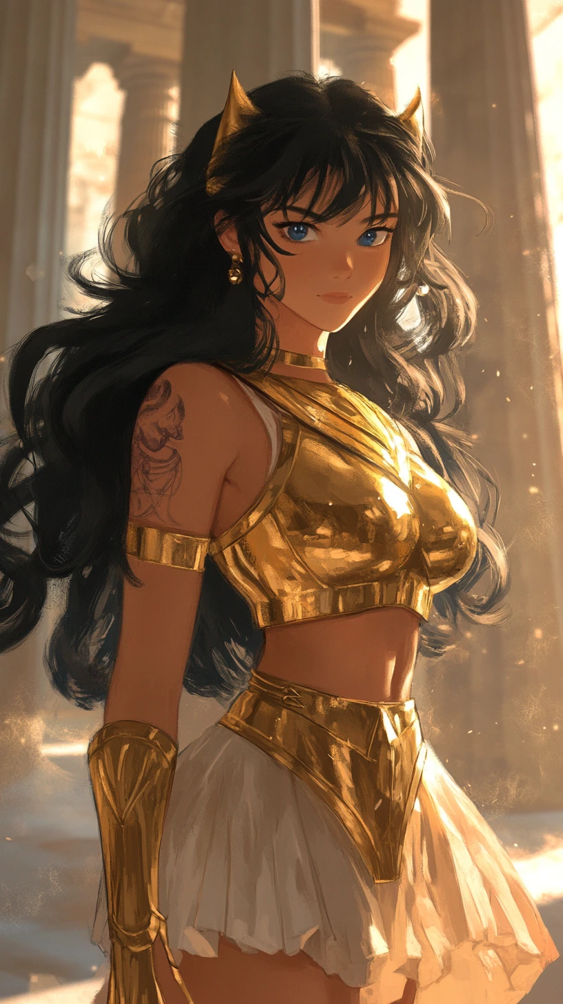Mythische Schulmädchen-Kriegerin in goldener Rüstung am Parthenon