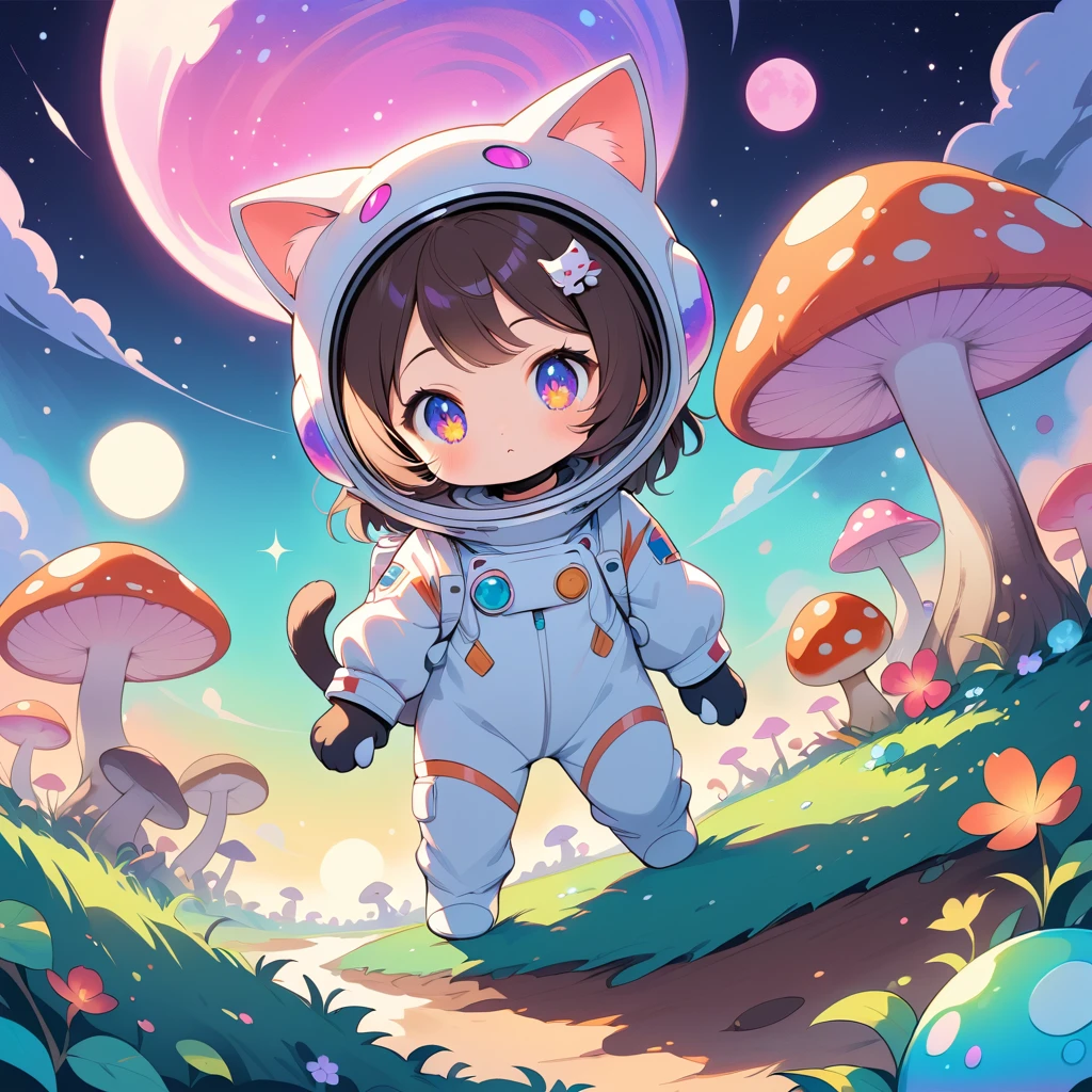 Gatinho astronauta fofo explorando um mundo alienígena iluminado pela lua e cheio de sonhos
