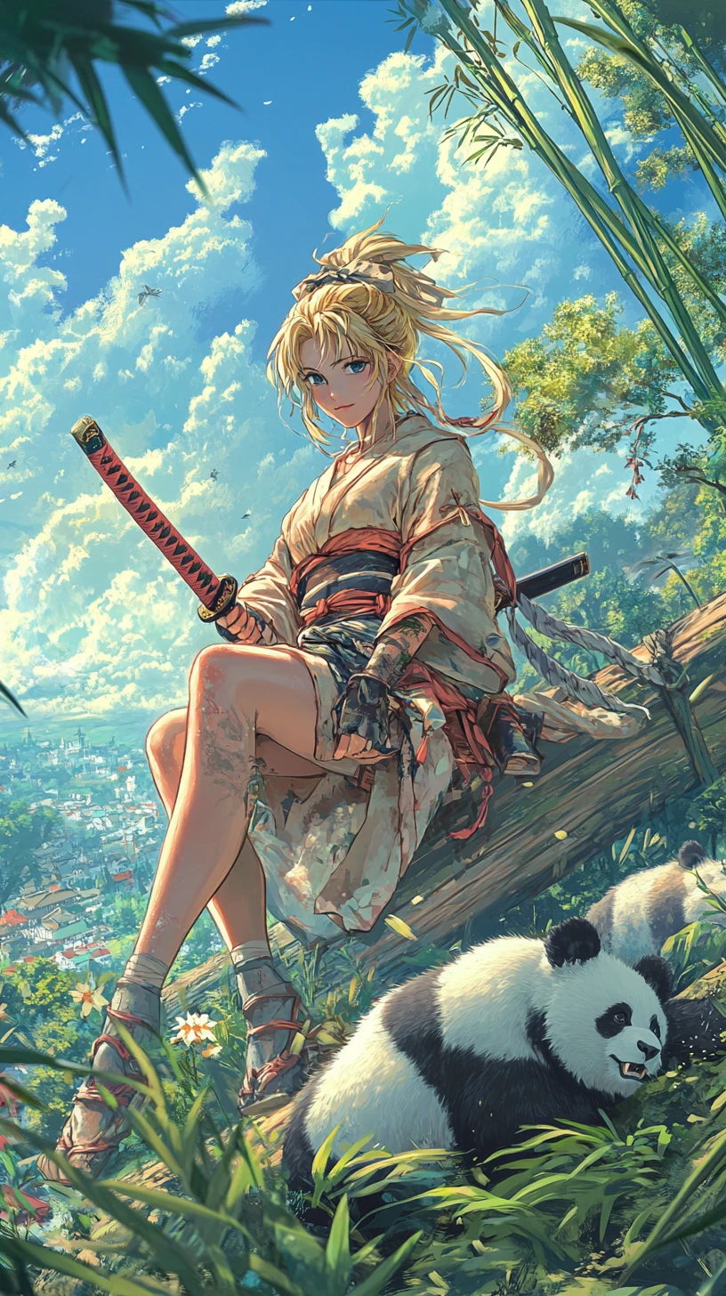 Blonde anime warrior woman resting in a bamboo grove
