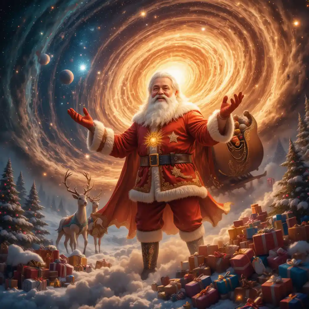 Celestial Christmas figure glowing in a swirling cosmic sky
