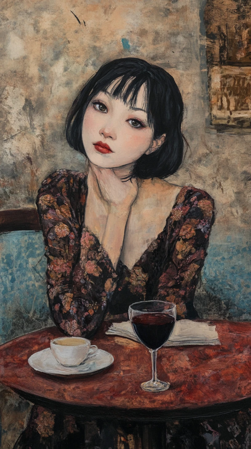 Elegant woman in red gown at a vintage cafe table