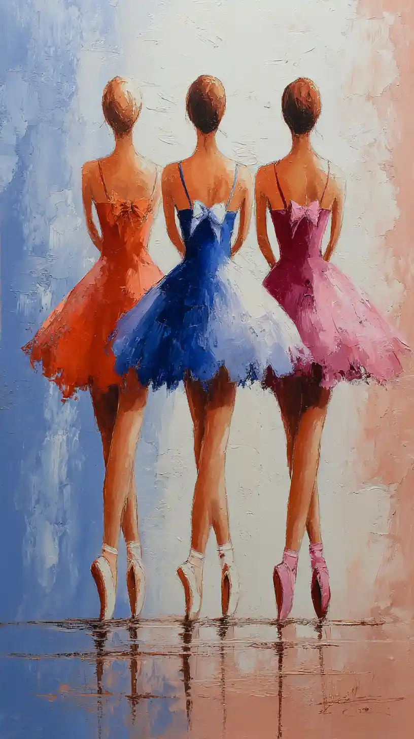 Three ballerinas in vibrant tutus on pointe from behind