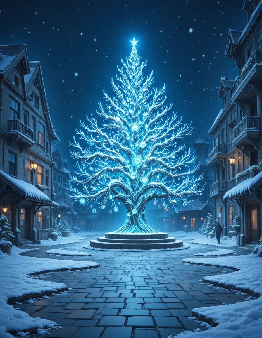 Abandoned magical square with crystal tree and falling snow