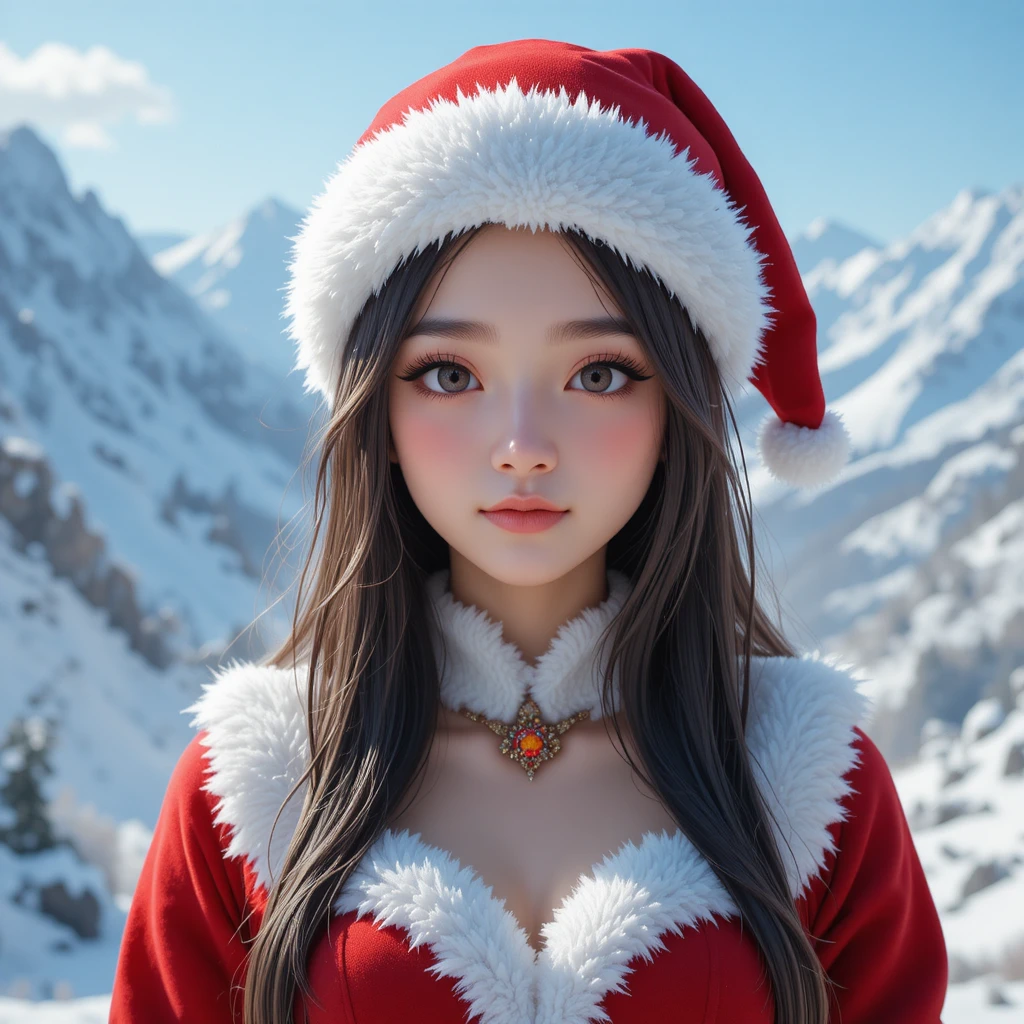 Anime Santa woman in front of snowy mountain landscape