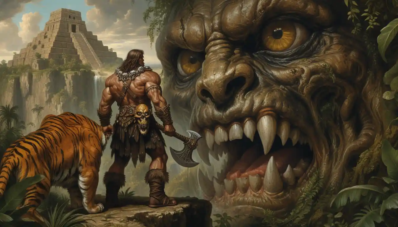 Barbarian warrior with armored tiger on a jungle cliff
