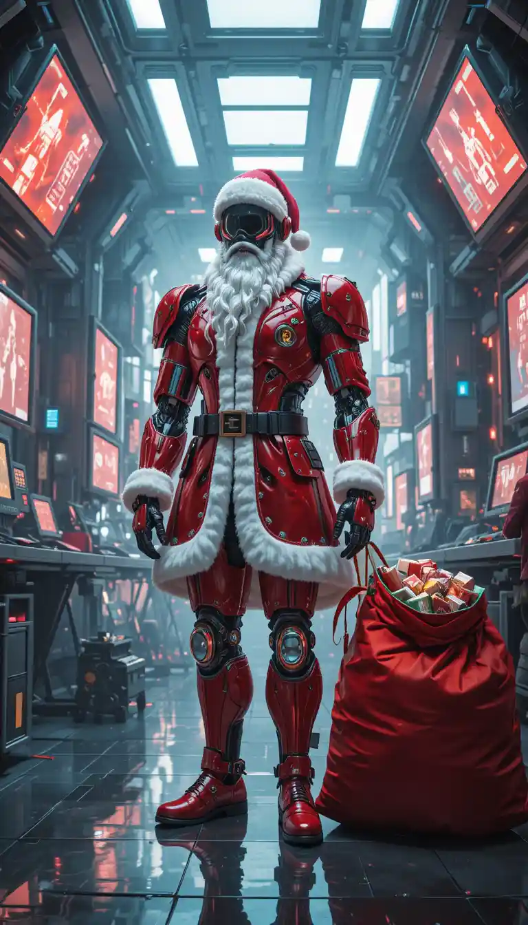 Robotic Santa scans a neon city from high tech lab
