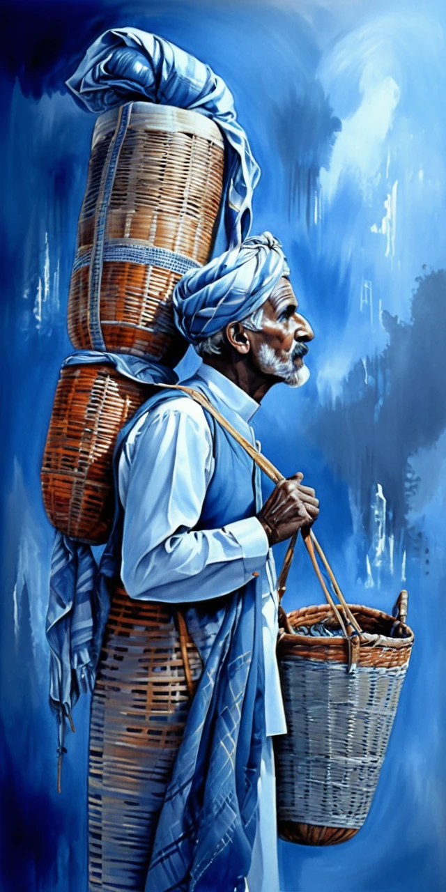 Elderly man in blue robe carrying woven baskets in profile