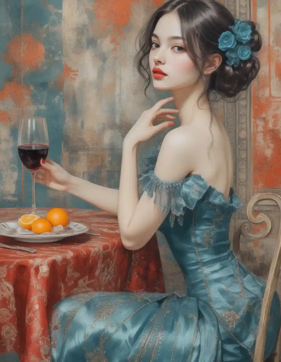 身穿紅色禮服的優雅女子坐在咖啡館桌旁