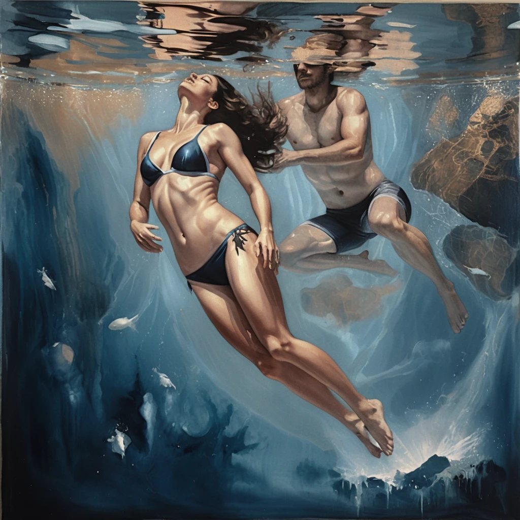 Underwater oil painting of two swimmers in a pool