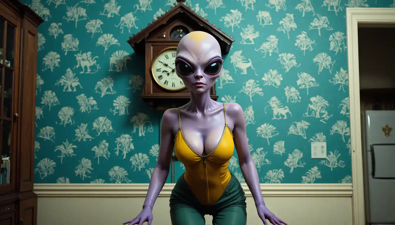 Purple alien woman in yellow jumpsuit before teal cuckoo clock wall
