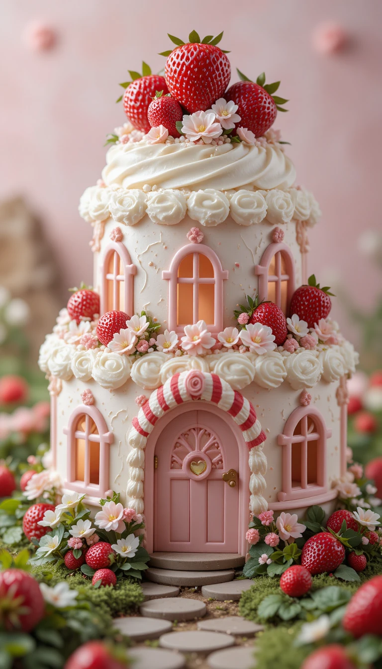 Casa de Bolo de Morango de Conto de Fadas em Jardim Verde Suave