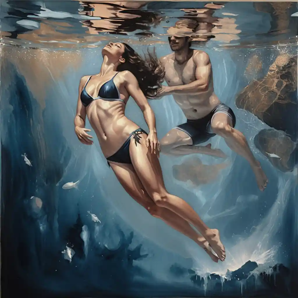 Underwater oil painting of two swimmers in a pool