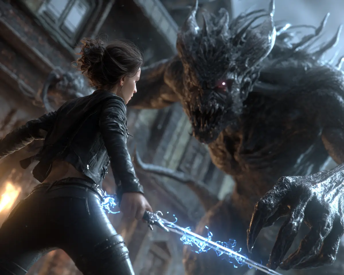 Warrior woman battling a shadow demon in gothic hall