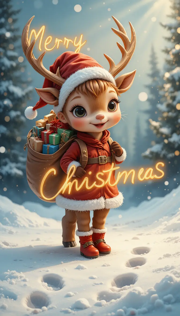 Süßes Baby-Rentier im Santa-Outfit auf verschneitem Boden
