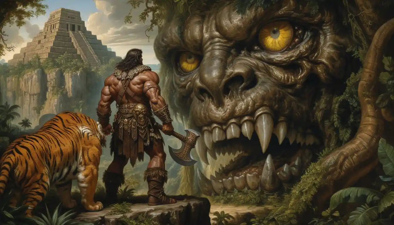 Barbarian Warrior And Armored Tiger On Jungle Cliff