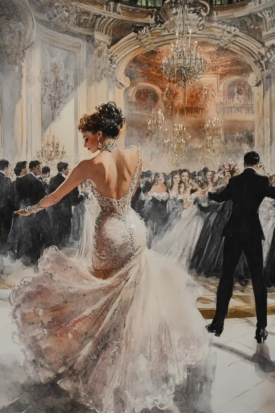 Watercolor flapper dancer performing at a glamorous baroque gala