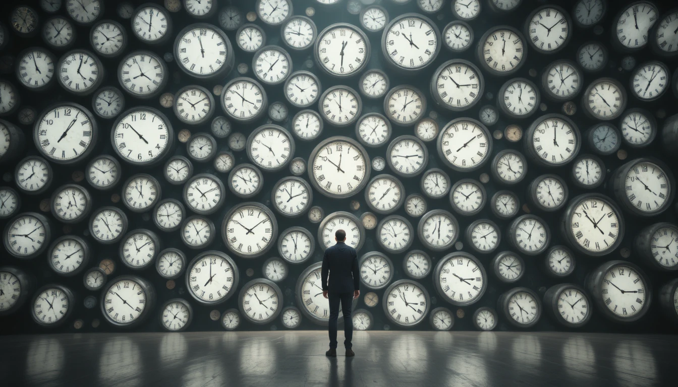 Person Before Giant Wall Of Clocks In Dramatic Light