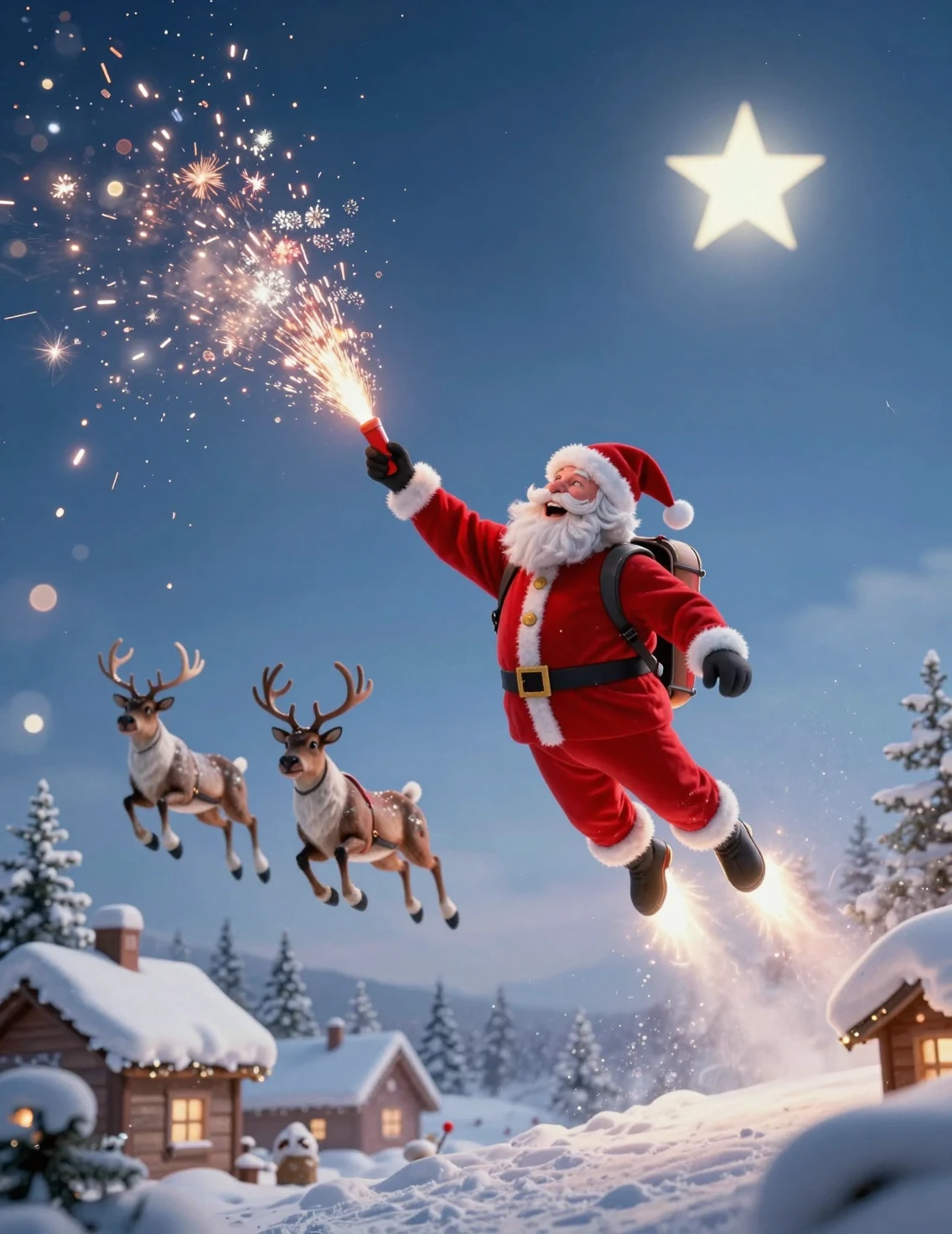 Senhor idoso alegre com jetpack voando sobre telhados nevados