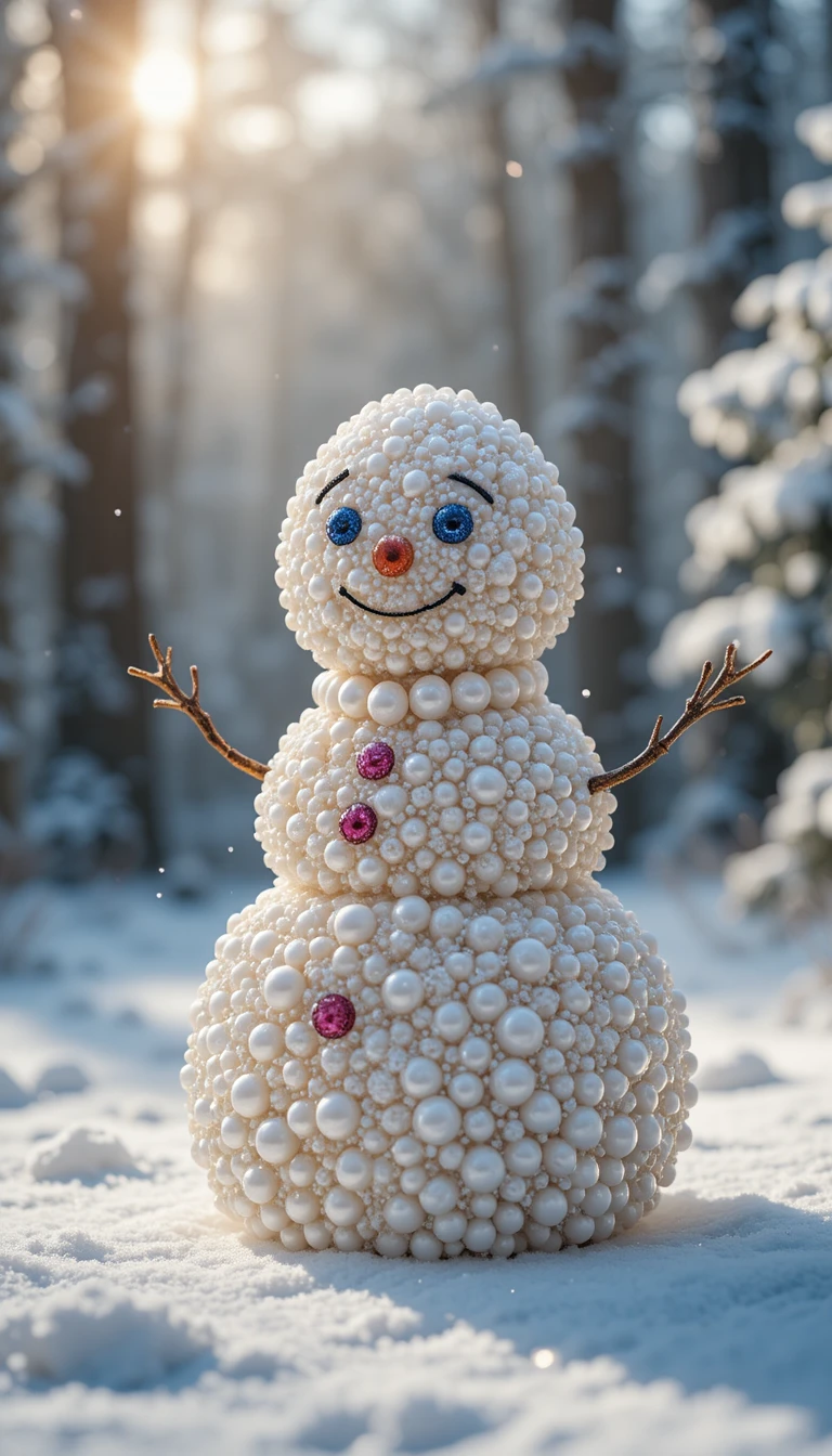 Perlen-Schneemann mit Juwelen in verschneiter Waldszene