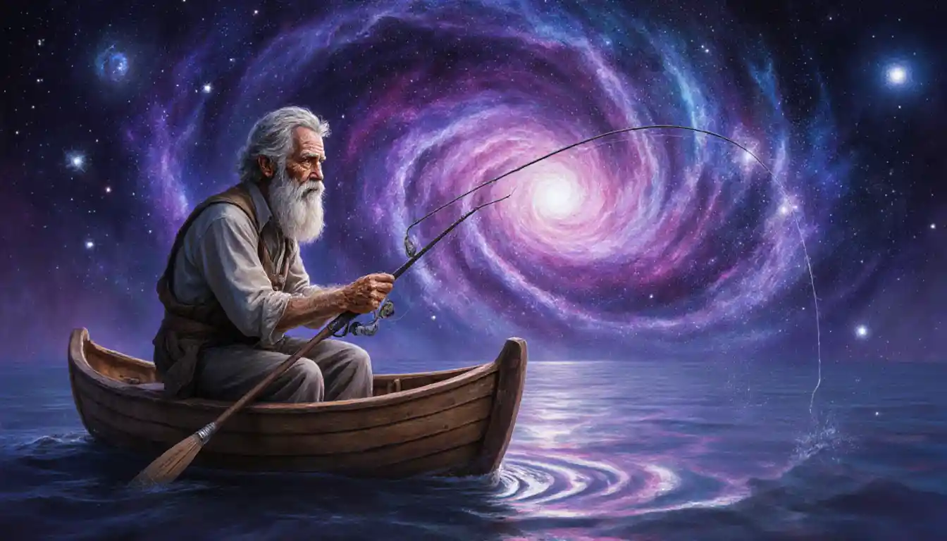 Weathered fisherman casting a line on a cosmic sea