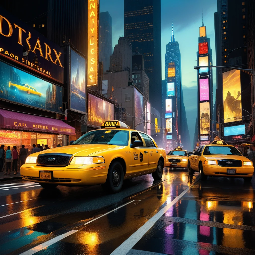 Calle concurrida de Nueva York con taxi amarillo y luces de neón